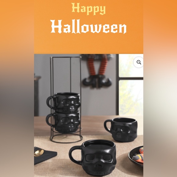 Black Skull-Shaped Ceramic Stacking Mug Set with Metal Rack. - Picture 4 of 5